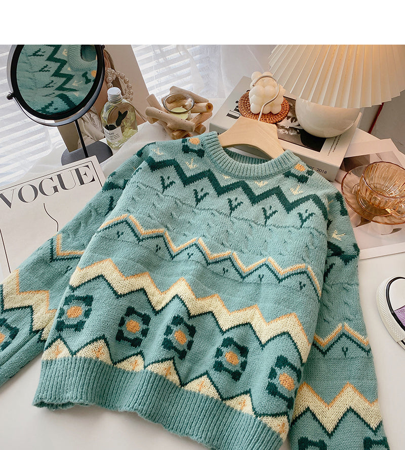 Versatile slim color blocking long sleeve round neck Pullover Sweater Top  6145