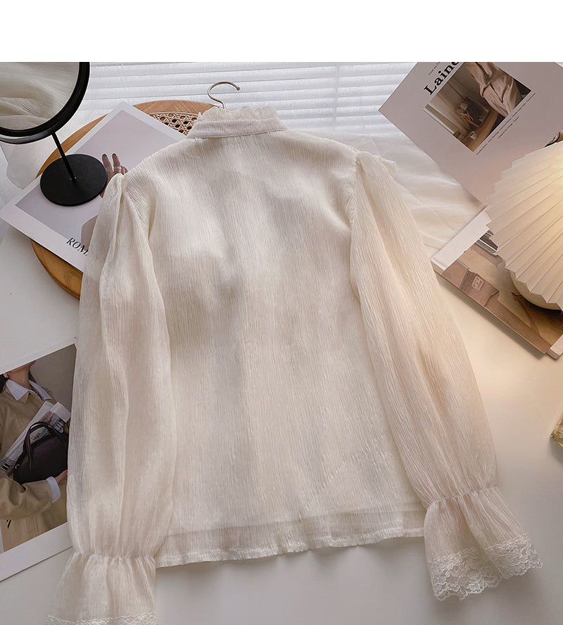 Stitched lace stand collar Long Sleeve Shirt  6396