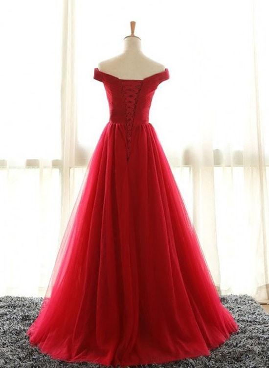 Red v neck tulle long prom dress, red evenin gdress  7112