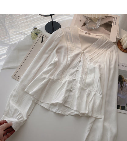Shirt Female Minority design feeling thin V-Neck long sleeve top  6302