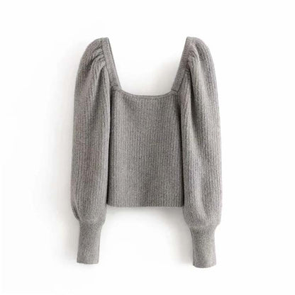 Lantern Sleeve exposed collarbone sweater sweater sweater top  7214