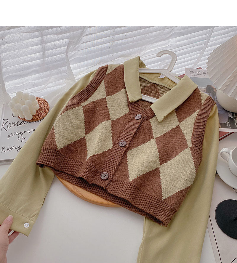 Korean retro Hong Kong style knitted Plaid stitched long sleeves  6339