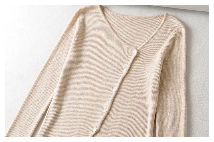 V-neck button irregular slim long sleeved sweater  7465