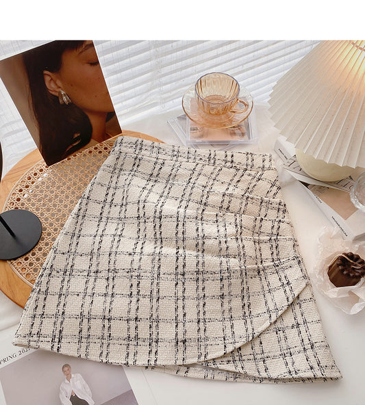 Korean fashion retro design pleated hip Plaid high waist A-shaped skirt  5628