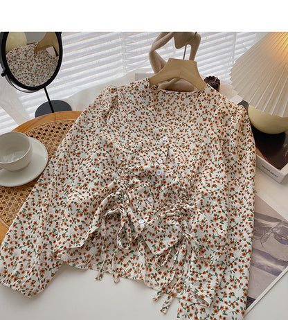 Design sense of foreign style floral shirt drawstring fold  6412