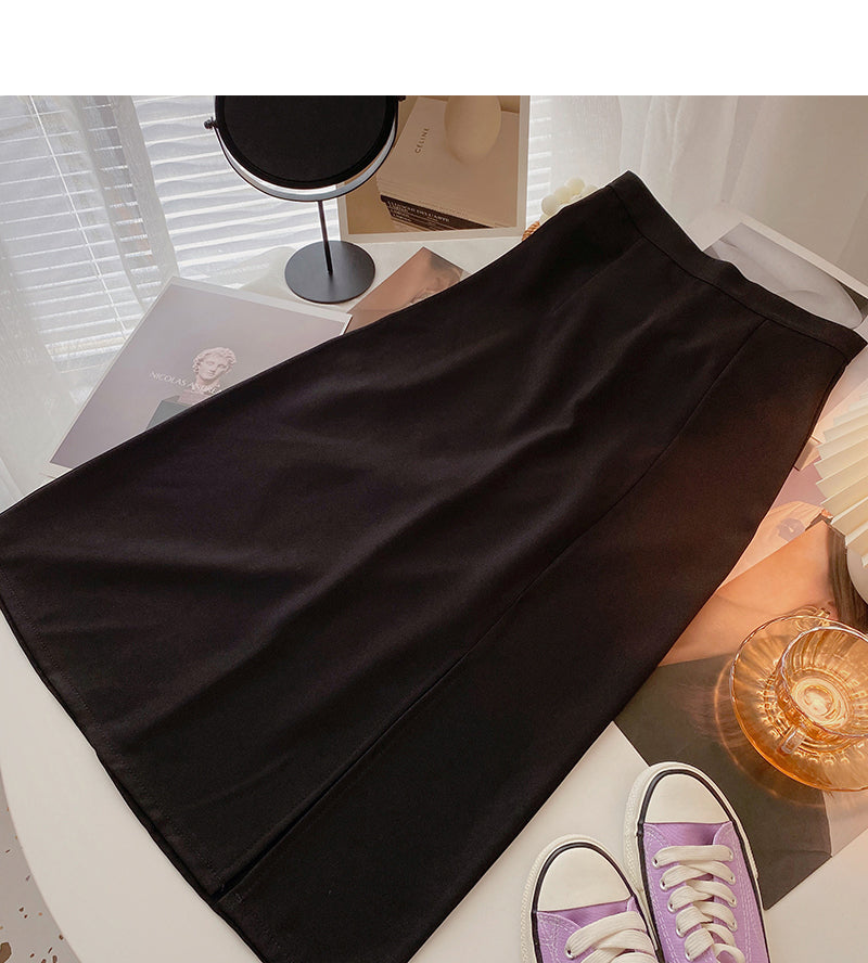 Hong Kong style retro solid color split high waist A-line skirt  5828