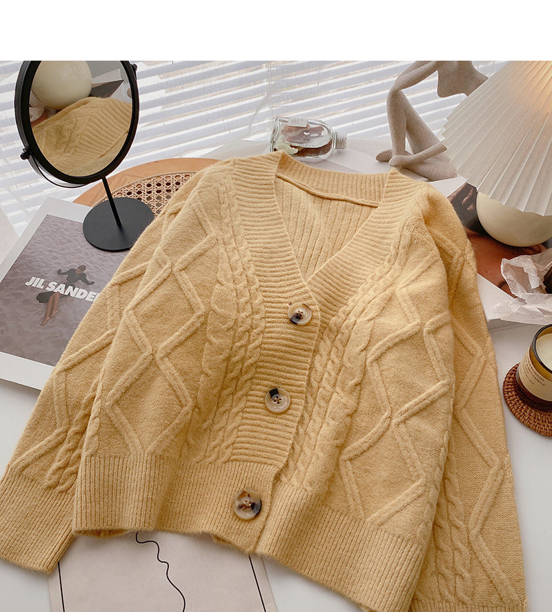Single breasted Vintage loose V-Neck Sweater Coat  6171