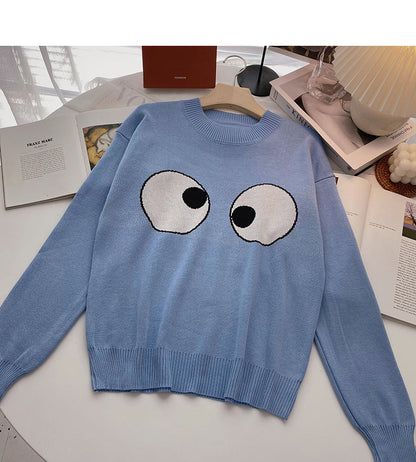 Long sleeved Pullover Sweater aging contrast color big eye top  6459