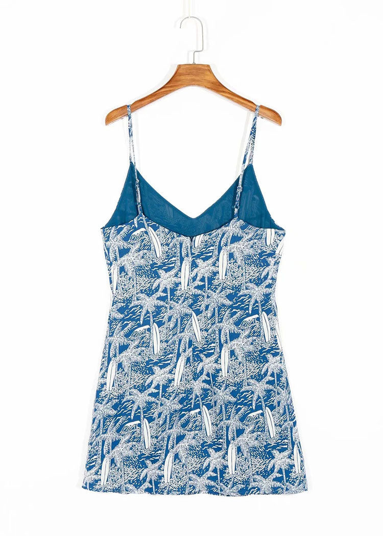 Kleines, blau bedrucktes, kurzes Retro-Kleid mit Schlitz 7064