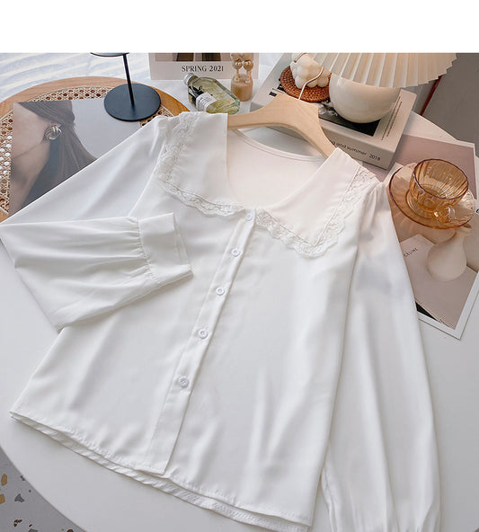 Spitzen-Puppenhals-Design-Shirt, weiches, süßes, langärmliges Oberteil 6367