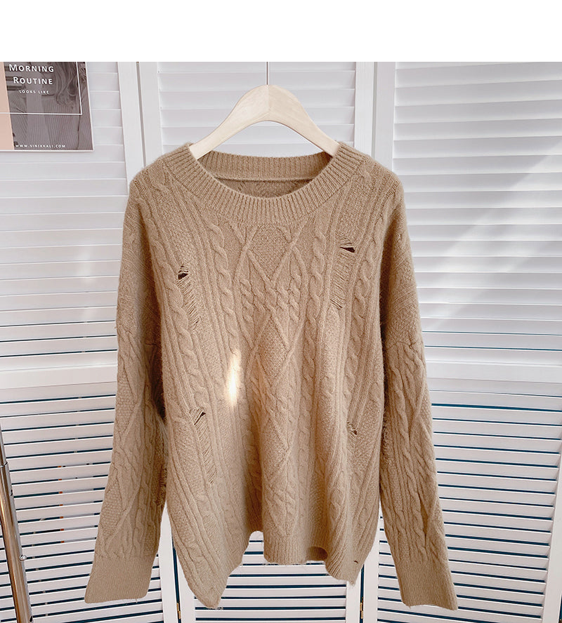 Twist solid color knitted sweater personalized hollow hole top  6087