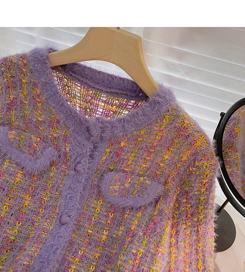 Small fragrance temperament color knitted long sleeve short top  5945