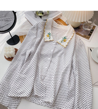 Small French Polka Dot Shirt Lapel embroidered shirt  6266