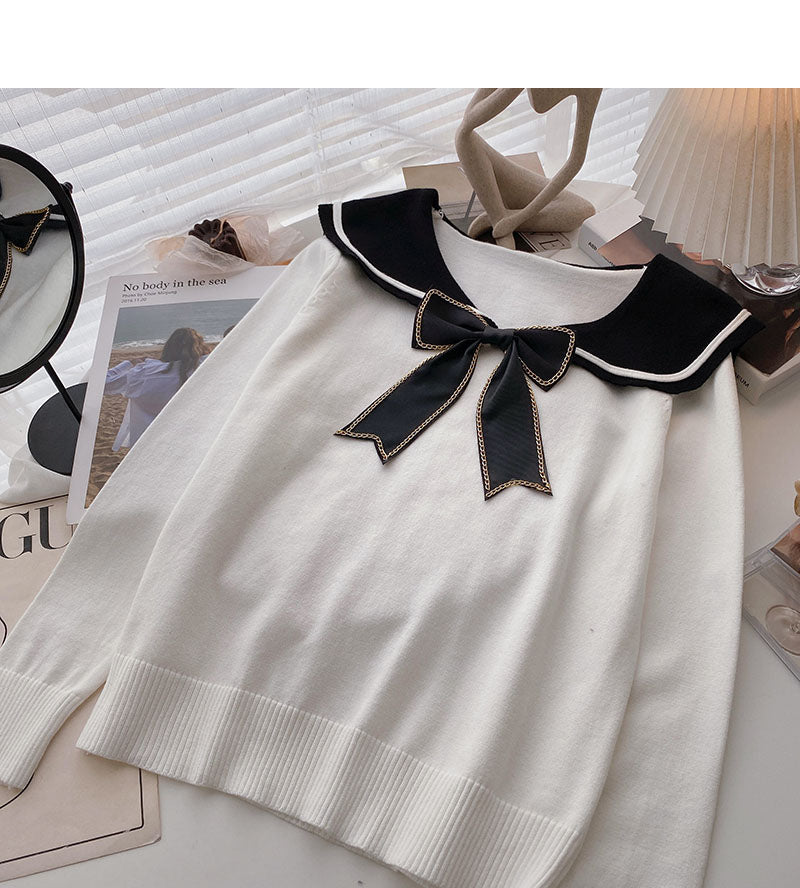 Long sleeved sweater personalized bow Navy collar top  6690