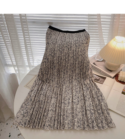 Hong Kong style retro printed leaf A-shaped medium length skirt  5739