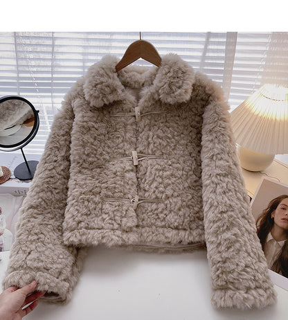 Sweet aging Plush ox horn button loose long sleeve coat  6222