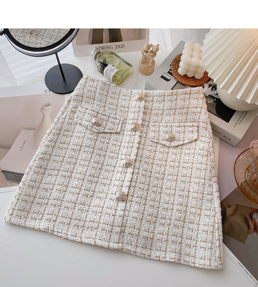 Korean version of thin gold coarse tweed small fragrant grid skirt  5627