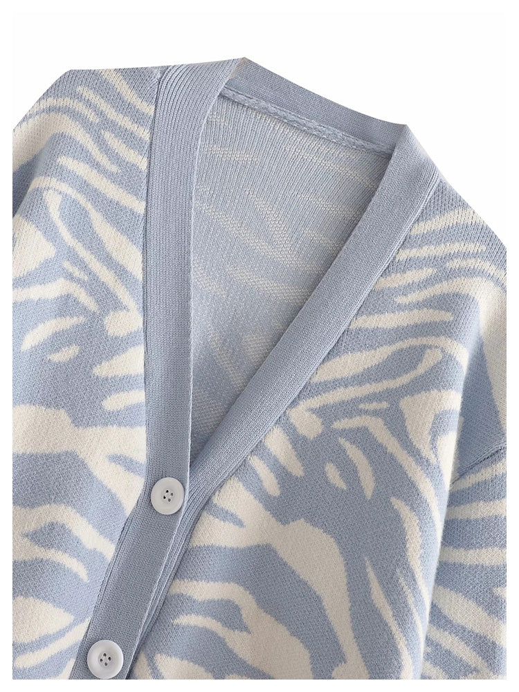 Versatile animal jacquard V-Neck long sleeve loose knit cardigan coat  7247