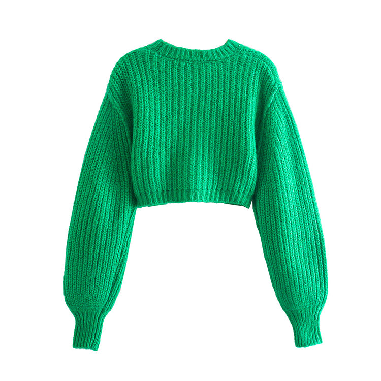 Retro minority design puffy sleeve short sweater  7155
