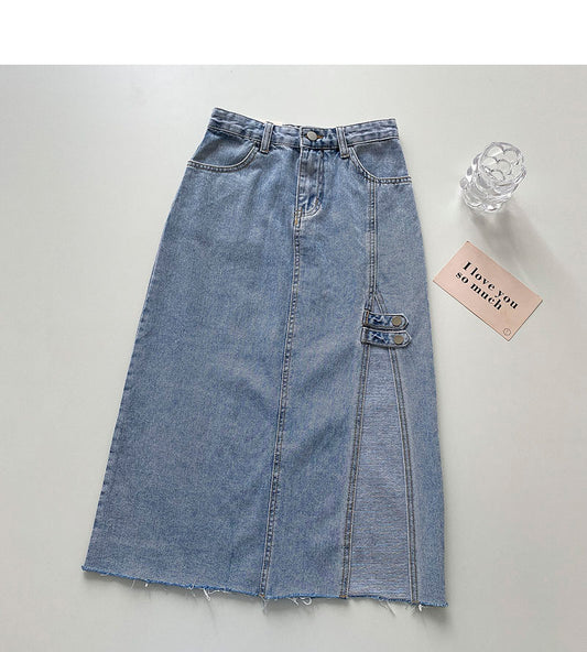 Niche design high waist split denim A-line skirt  5694