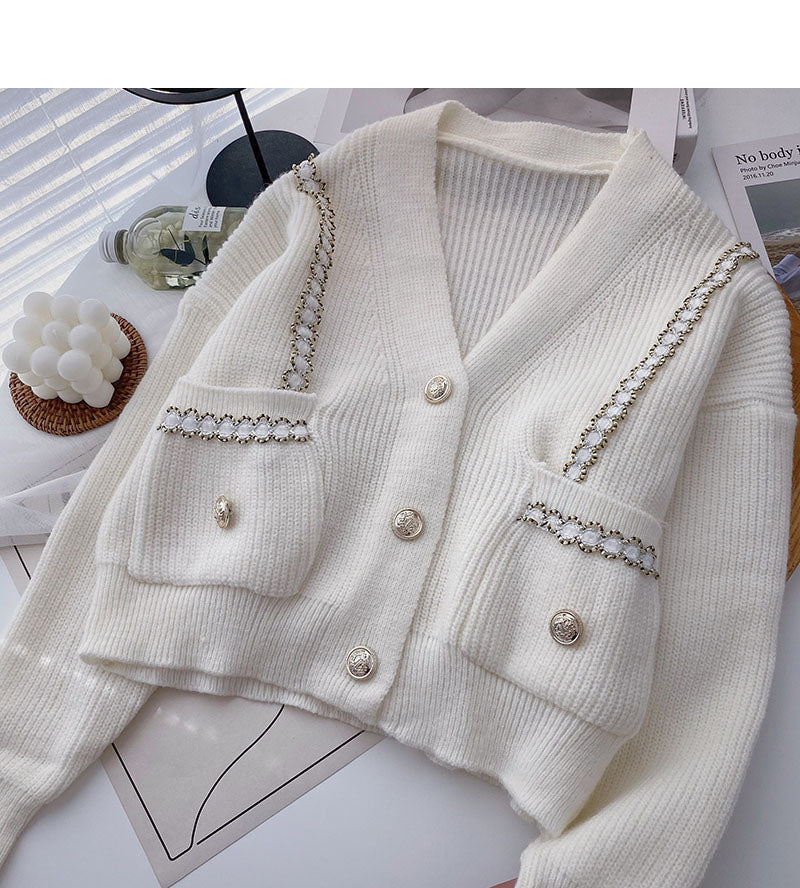 Double pocket V-Neck long sleeve small fragrance knitted cardigan  5905