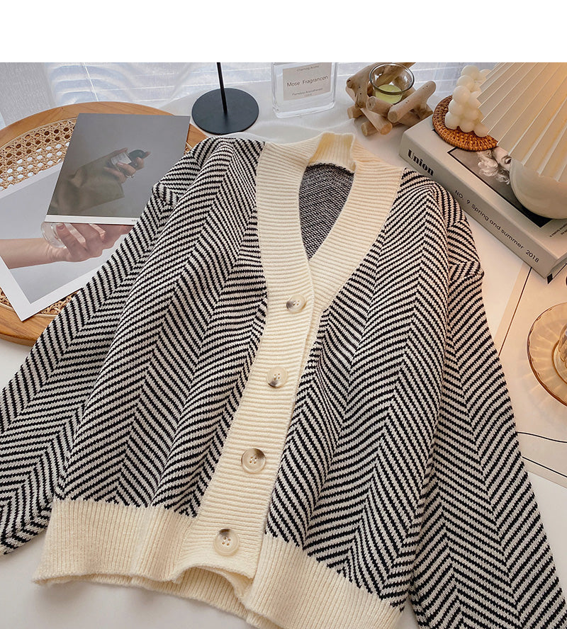 Lazy wind stripe sweater coat Long Sleeve Top  6044
