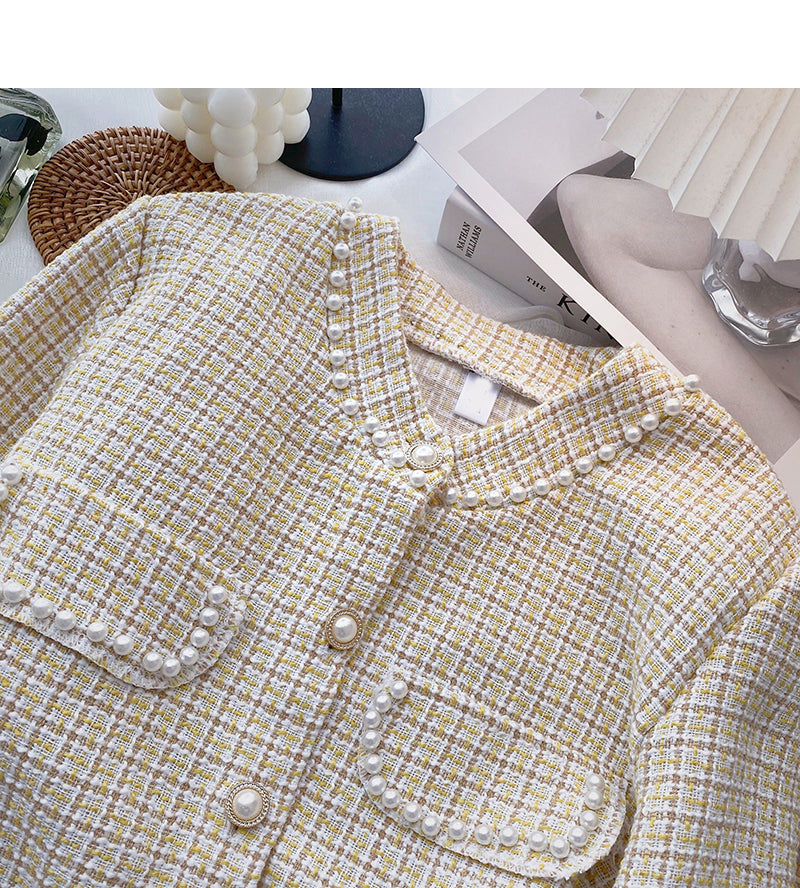 Vintage pearl button long sleeve plaid coat  6215