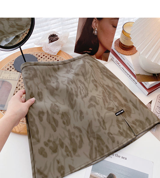 Personalized fashion retro halo dyed leopard print thin high waist A-line skirt  5523