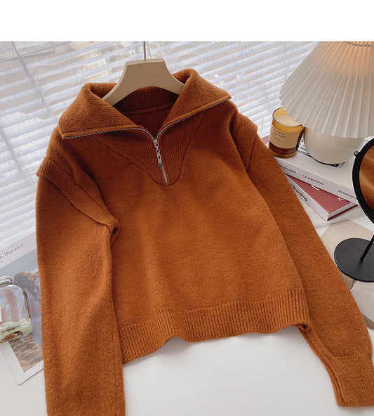 Lazy niche design Half Zip Lapel long sleeve loose top  6116