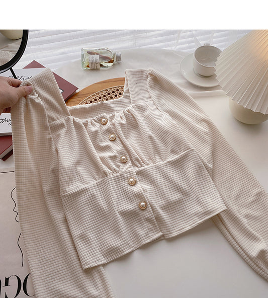 Small minority design Vintage pearl button square collar thin blouse  6306