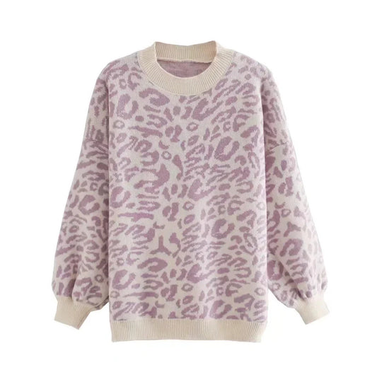 Loose Pullover fauler Langarm-Leopard-Jacquard-Pullover 7464