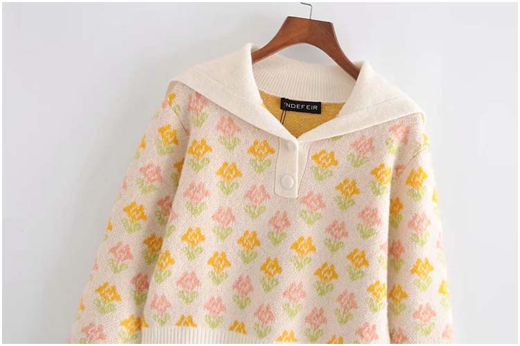 Retro autumn girl sweet temperament two-color flower short sweater sweater  7163