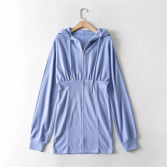 Fried Street Zipper Cardigan Dress Casual Hooded Sweater 7147
