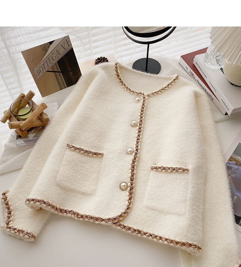 Pearl button small fragrance sweater coat  5994