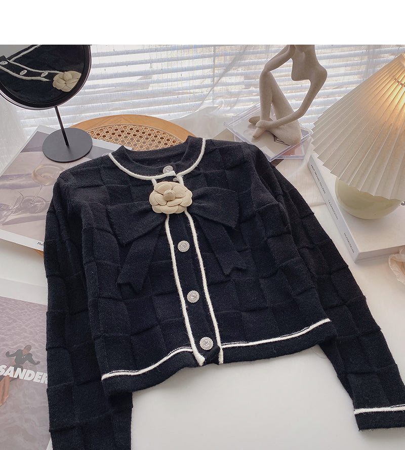 Xiaoxiang-Stil Muster kurzer Pullover Mantel Schleife Blume Langarm Top 6190