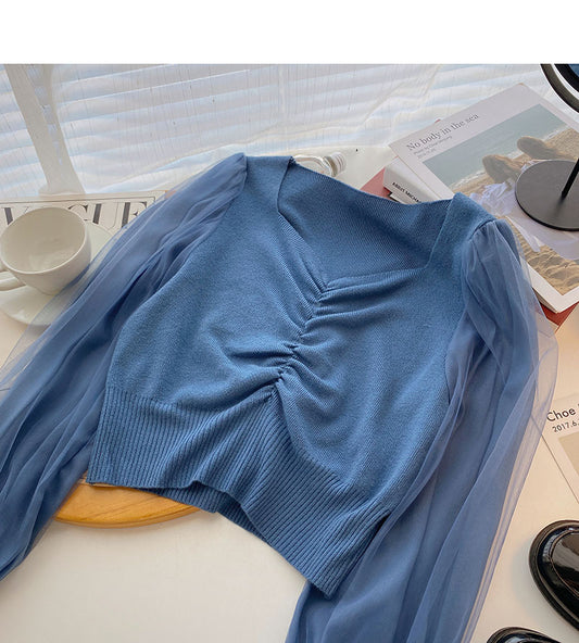 Haut court slim à manches longues et col en V plissé en maille coréenne 6667