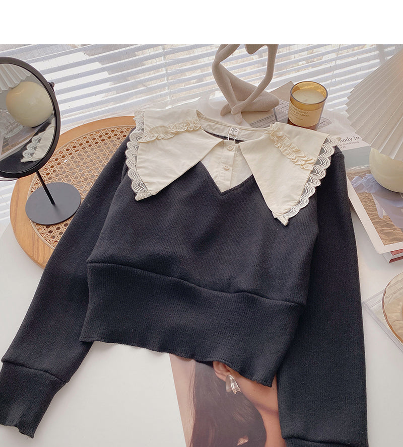 Fashion baby collar stitched sweater Vintage top  6542