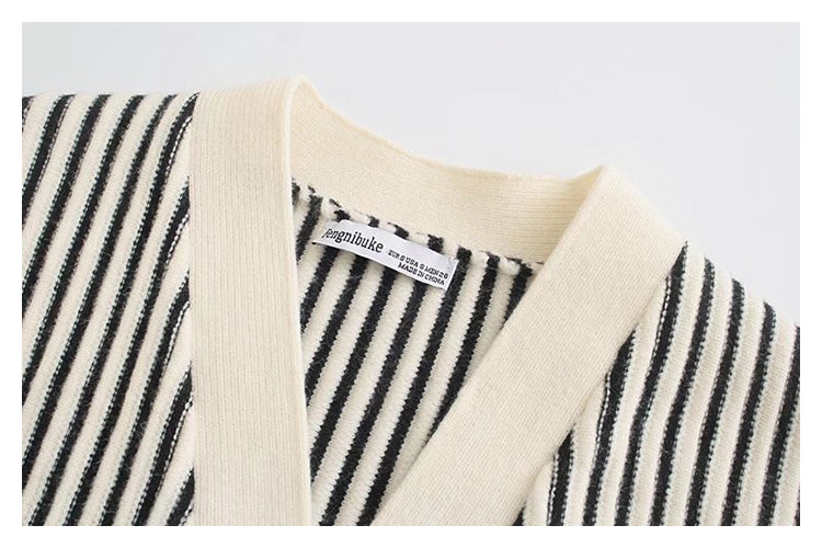 New Vintage V-neck black and white vertical stripe knitted cardigan coat  7487