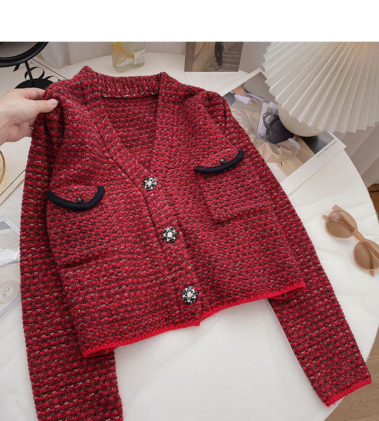 Small fragrance retro red sweater cardigan female  6052