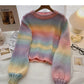 Korean ins sweet foreign style aging rainbow tie dyed loose top  5926