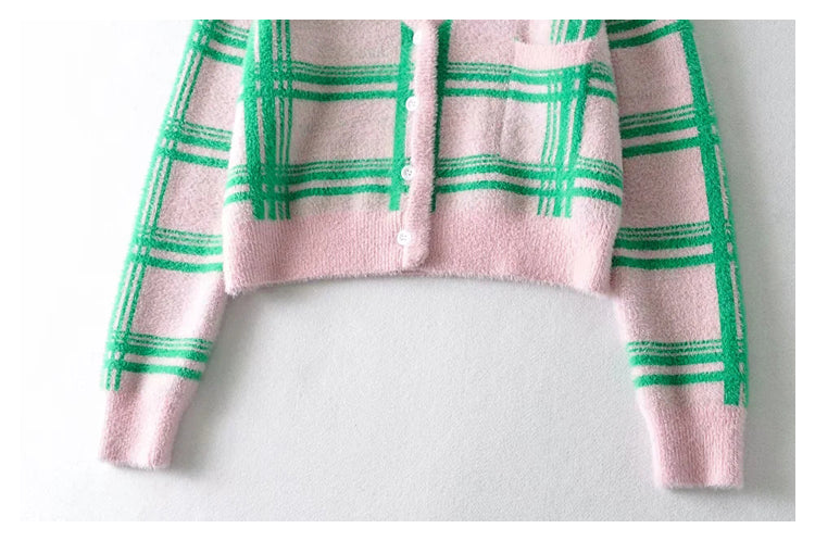 Plaid color matching knitted cardigan women's minority retro sweater coat  7185