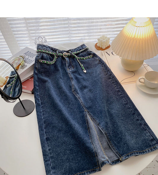 New niche design chain high waist split A-line skirt  5717