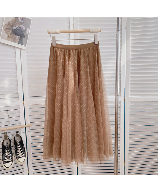 Solid color Polka Dot mesh high waist A-shaped mid length skirt  5790