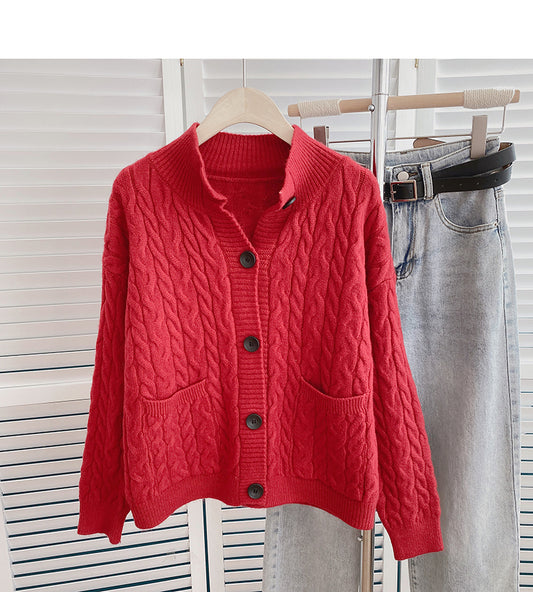 Twist round neck sweater design temperament single breasted top  6160