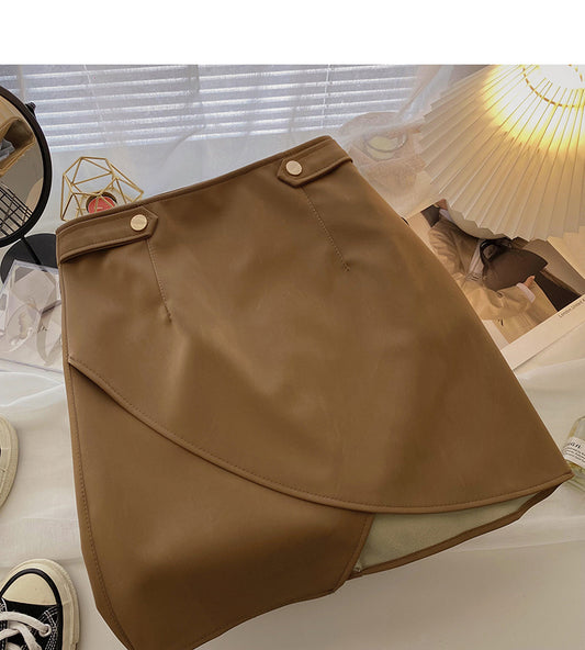Irregular Hip Wrap thin high waist A-shaped small leather skirt  5541