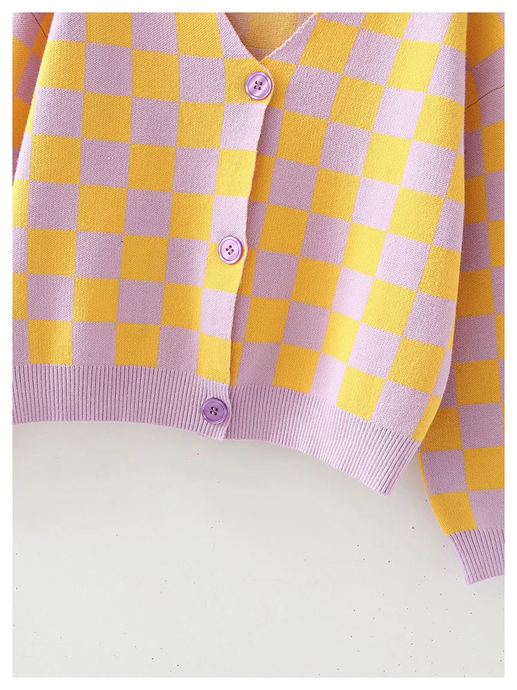 New contrast checkerboard checkered casual knitted cardigan  7240