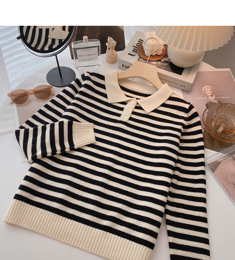 Long Sleeve Striped Sweater Lapel top  6458