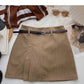 Niche solid color pleated high waist A-line skirt with belt  5579