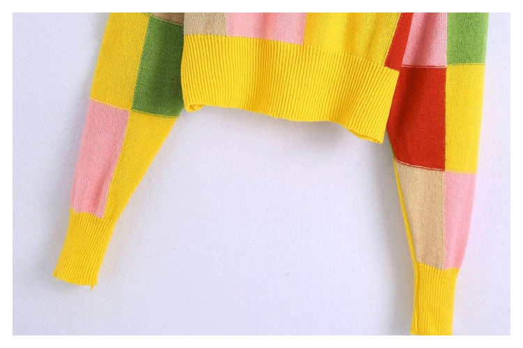 New sweet loose jacquard Plaid color matching sweater  7468