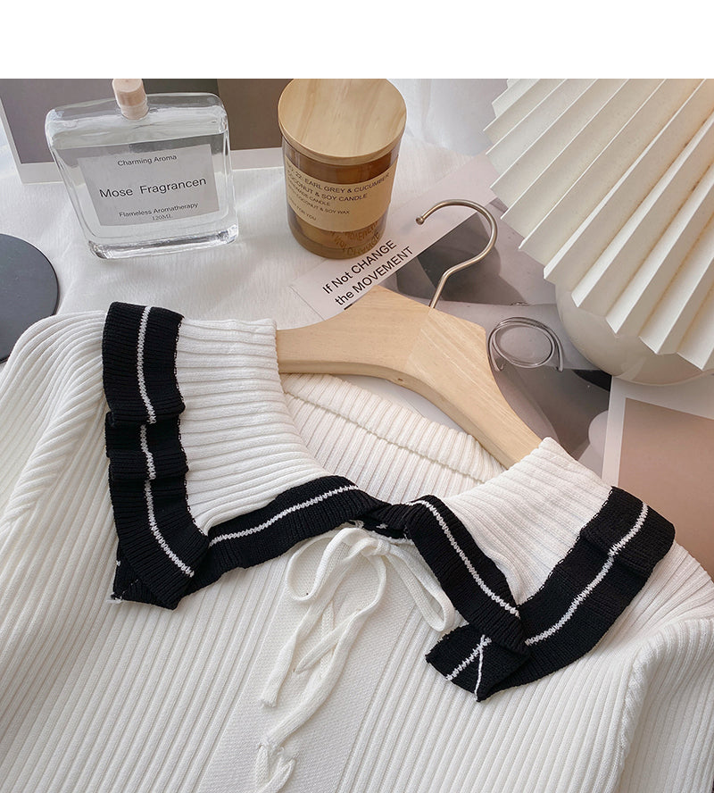 Lace doll neck strap contrast knit college top  6482